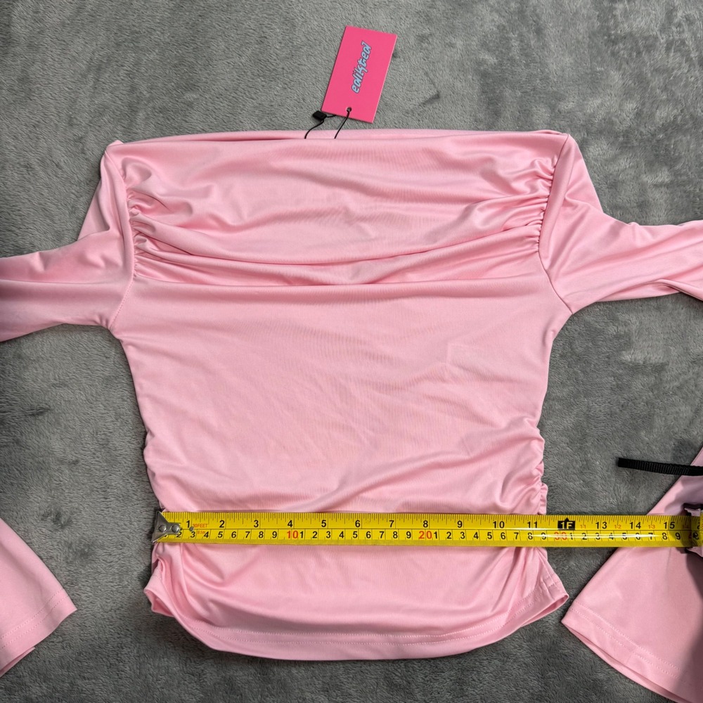 NEW Edikted S14921 Light Pink Ruched Off Shoulder Bell Sleeve Top Small - Picture 7 of 8